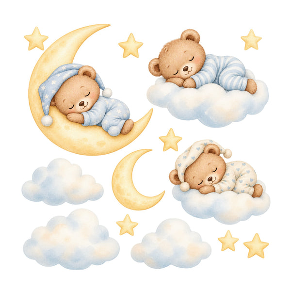 Sleeping Teddy Bear Moon and Clouds Wall Decals, Set of 14, image 2