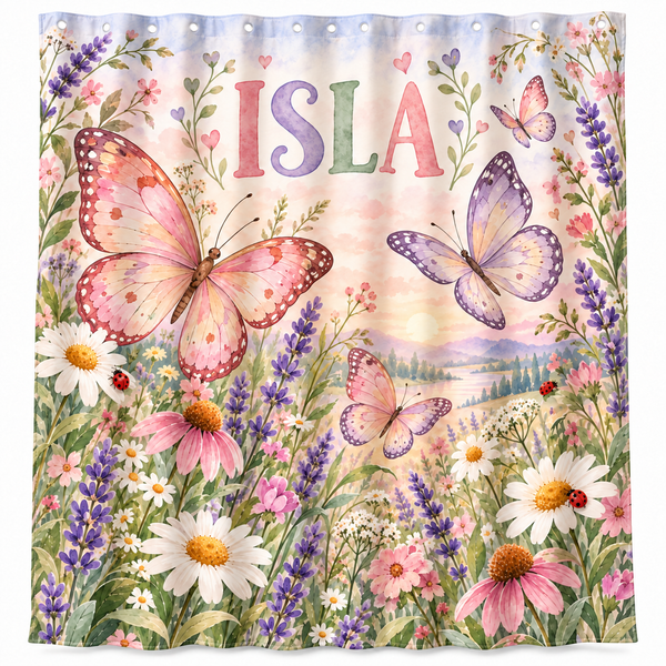 Personalized butterfly meadow kids shower curtain with the name Isla