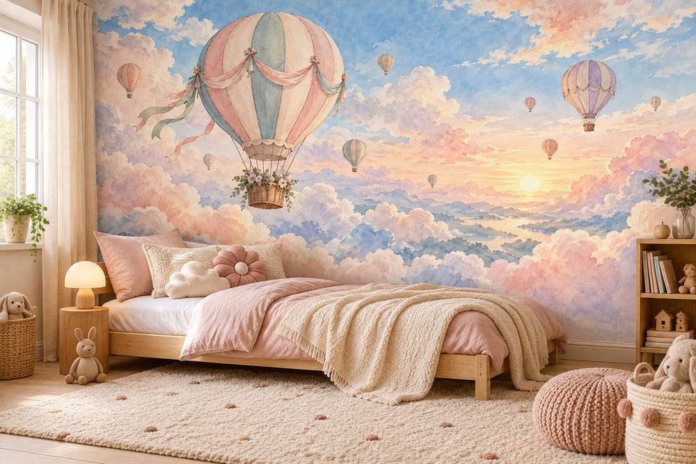 Watercolor Dreamy Clouds Hot Air Balloon Wall Mural, image 1