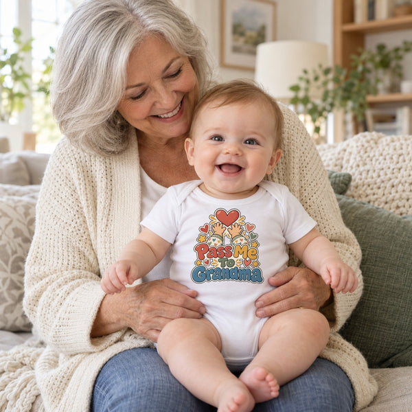 Grandma holding baby in the Pass Me To Grandma baby bodysuit