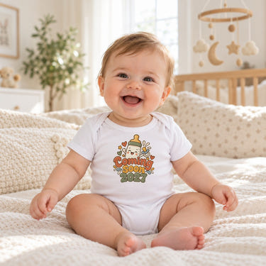 Baby wearing the Coming Soon 2027 baby bodysuit