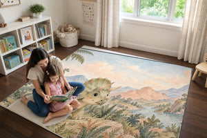Mom and daughter reading a book on the Baby Triceratops Dinosaur play rug