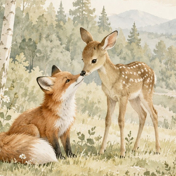 Fox and Fawn kids rug, close up of the watercolor artwork