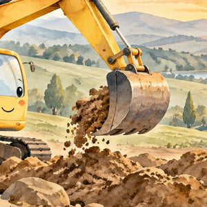 Sunrise Excavator shower curtain, close up of the watercolor artwork