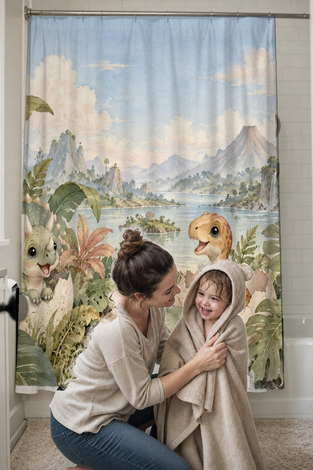 Hatching Dinosaurs shower curtain, full front view of the 71 x 74 in fabric curtain