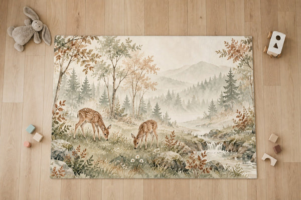 Top view of the Grazing Fawns kids area rug on a wood floor