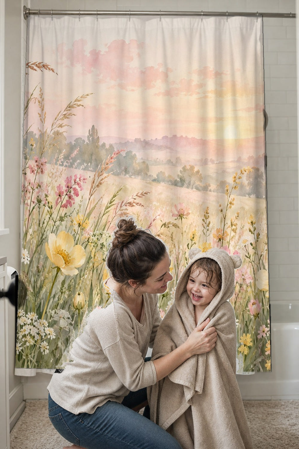 Golden Sunset Wildflowers shower curtain, full front view of the 71 x 74 in fabric curtain