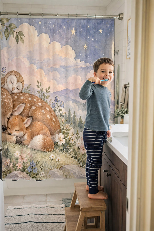 Child brushing teeth in a family bathroom with the Dreamland Friends shower curtain