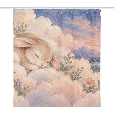 Cloud Bunny shower curtain, full front view of the 71 x 74 in fabric curtain