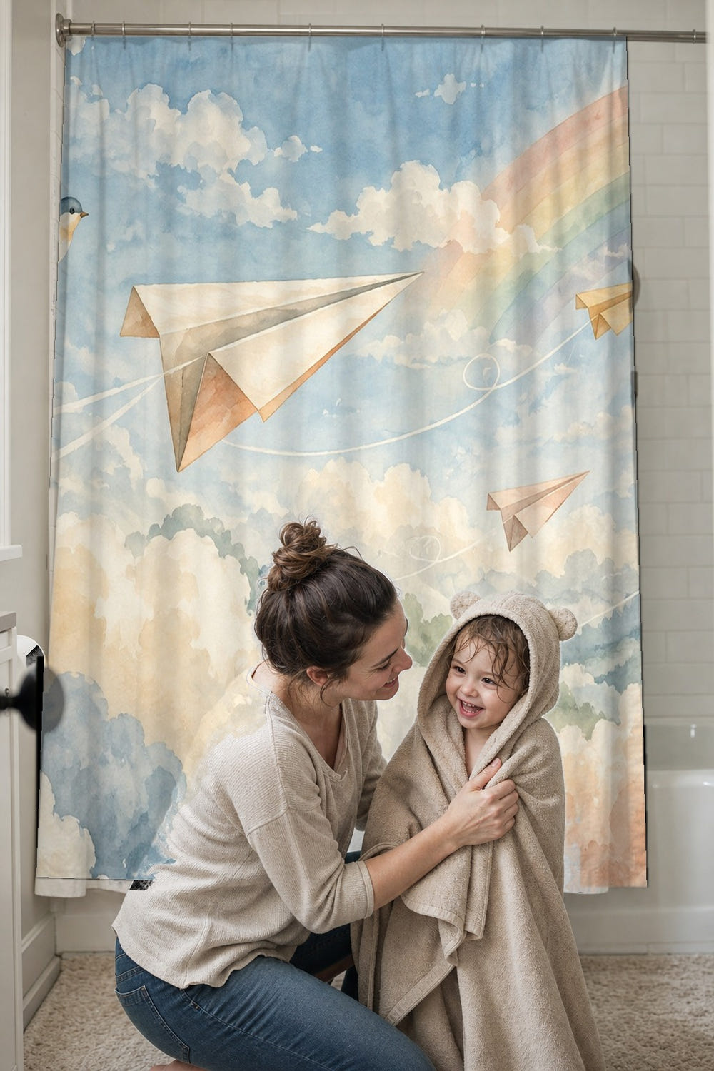 Paper Planes shower curtain, full front view of the 71 x 74 in fabric curtain