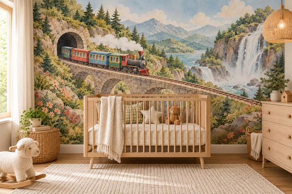Watercolor Tunnel Waterfall Train Wall Mural, image 1