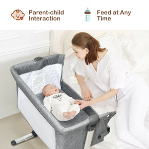 Portable baby bed side sleeper bassinet crib with carrying bag, perfect for travel and safe sleep. Angle 2 view.
