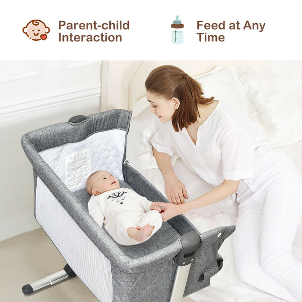 Portable baby bed side sleeper bassinet crib with carrying bag, perfect for travel and safe sleep. Angle 2 view.