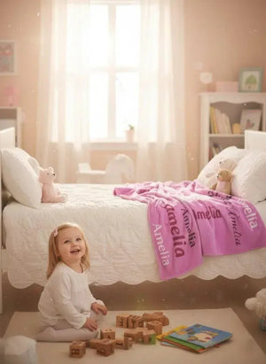 Your Letter and Name - Personalized Name Blanket: Pink & White Flannel Fleece Throw