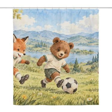 Animal Soccer Team shower curtain, full front view of the 71 x 74 in fabric curtain