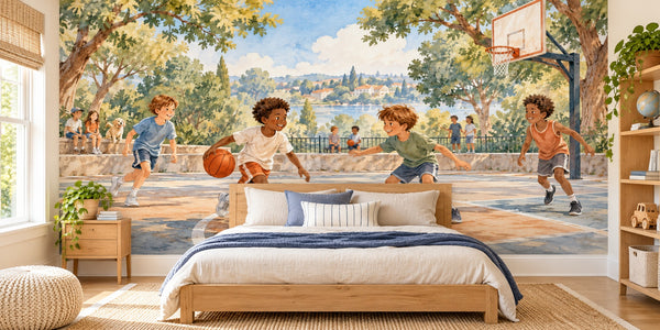 Watercolor Kids Playing Basketball Wall Mural, image 2