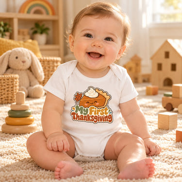Baby wearing the My First Thanksgiving baby bodysuit