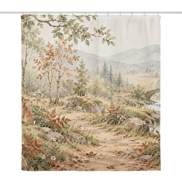 Bunny Forest Path shower curtain, full front view of the 71 x 74 in fabric curtain
