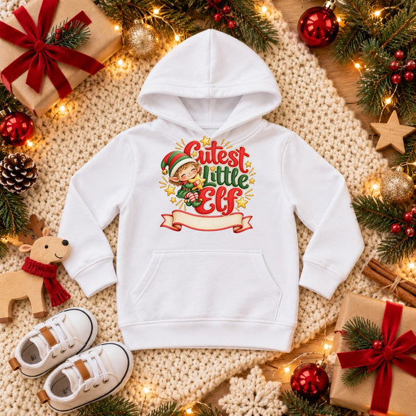 Personalize the Cutest Little Elf toddler hoodie in white with your baby's name