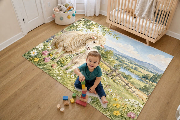 Toddler stacking blocks on the Lamb Meadow Farm kids rug in a bright bedroom