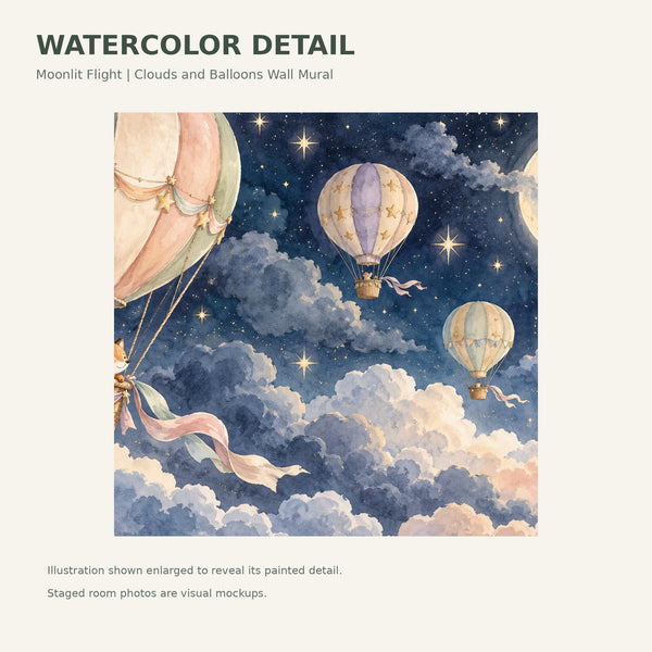 Watercolor Moonlit Flight Hot Air Balloon Wall Mural, image 4