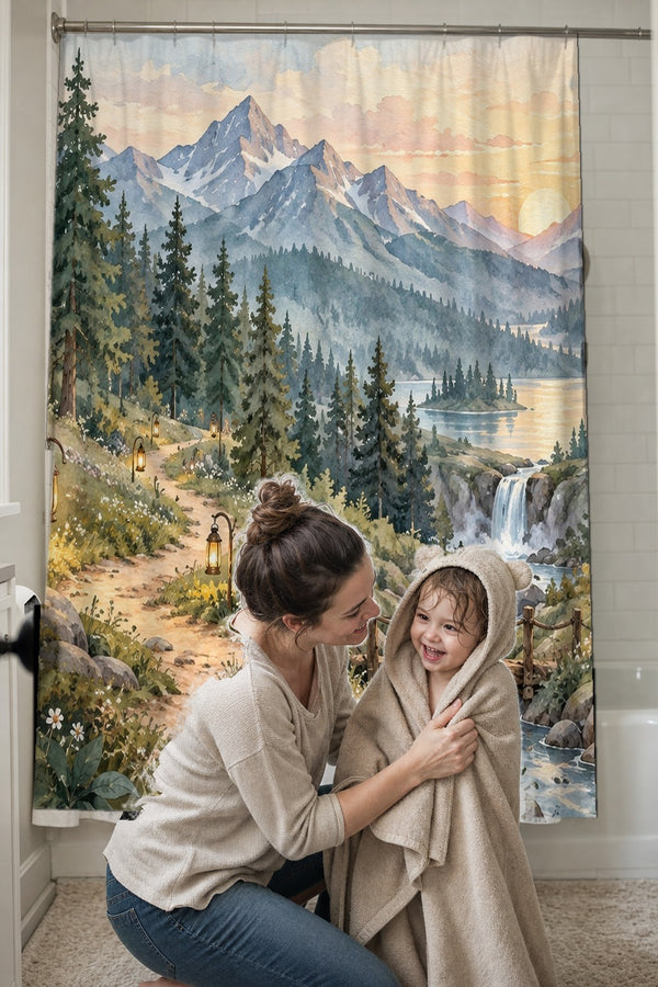 Mom drying her toddler in a hooded towel in front of the Mountain Camp Camping shower curtain