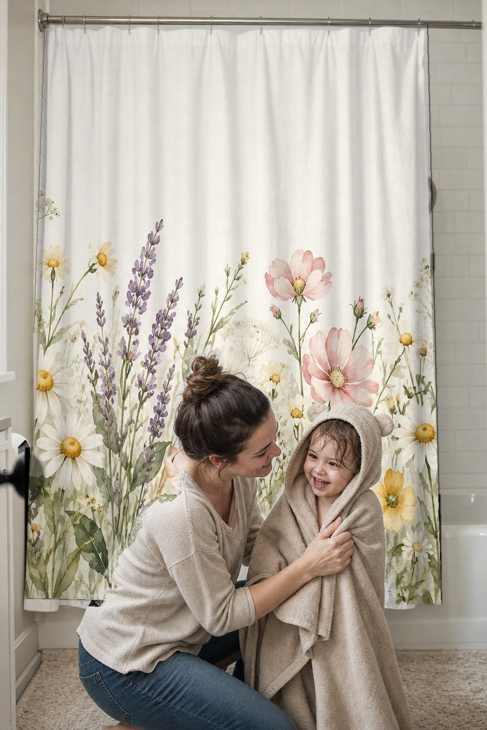 Lavender Wildflowers shower curtain, full front view of the 71 x 74 in fabric curtain