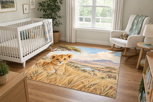 Lion Cub Safari area rug in a calm nursery with a white crib