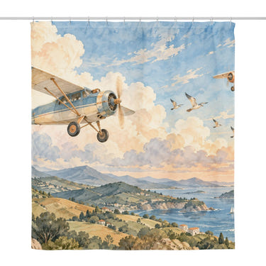 Sky Expedition shower curtain, full front view of the 71 x 74 in fabric curtain