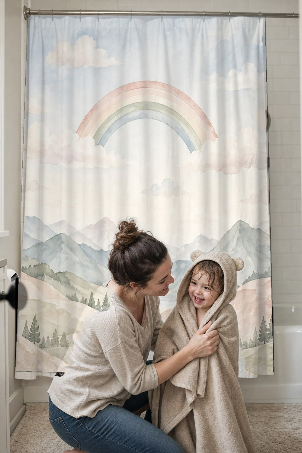 Blush Mountain Rainbow shower curtain, full front view of the 71 x 74 in fabric curtain