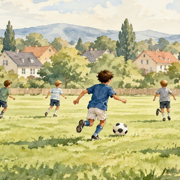 Kids Playing Soccer shower curtain, close up of the watercolor artwork