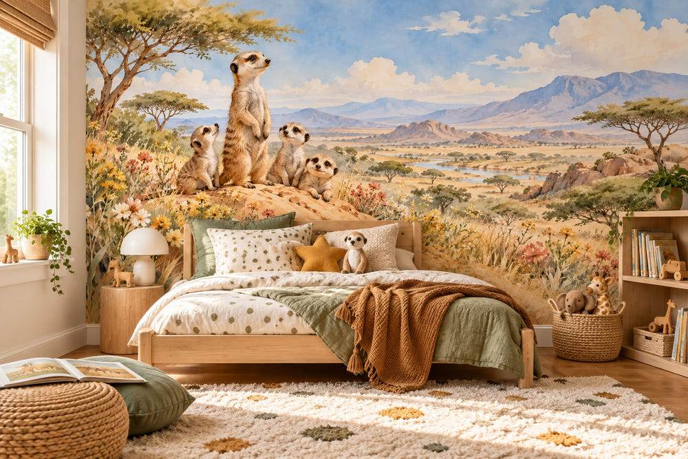 Watercolor Meerkat Family Safari Wall Mural, image 1