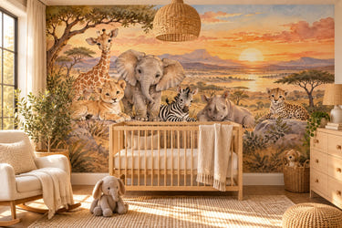 Watercolor Sunset Savanna Wall Mural, image 1