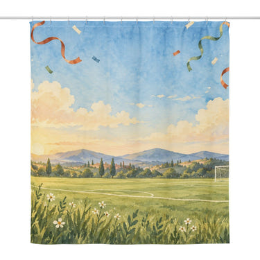 Football Celebration shower curtain, full front view of the 71 x 74 in fabric curtain