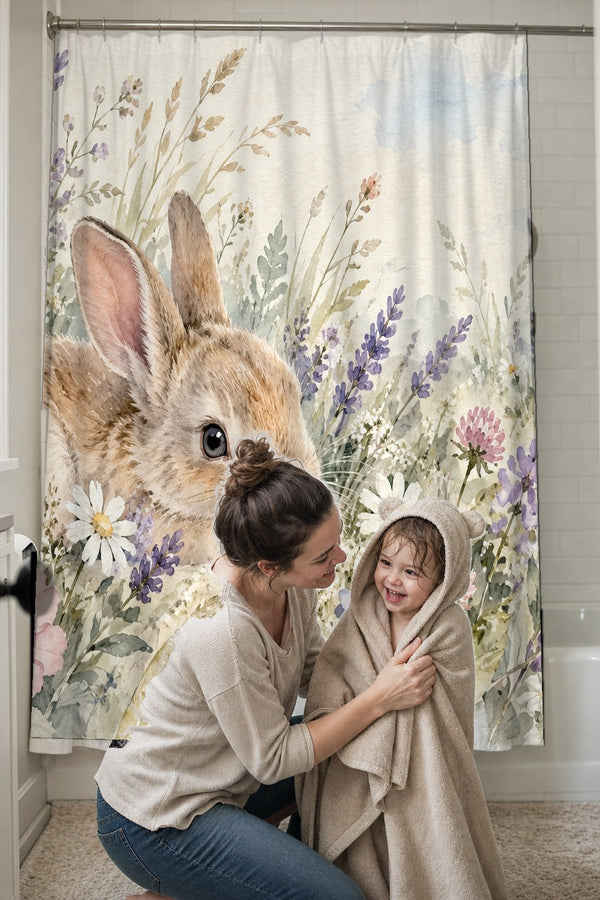 Mom drying her toddler in a hooded towel in front of the Lavender Bunny shower curtain