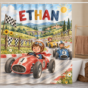 Personalized vintage race car shower curtain with the name Ethan hanging in a kids bathroom
