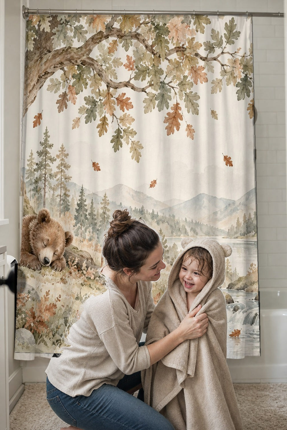 Sleeping Bear Oak shower curtain, full front view of the 71 x 74 in fabric curtain