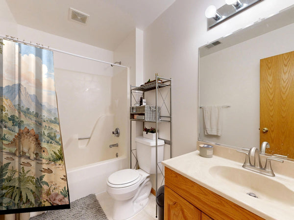 Footprint Valley Dinosaur shower curtain on a tub shower combo in an American family bathroom