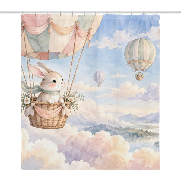 Bunny Hot Air Balloon shower curtain, full front view of the 71 x 74 in fabric curtain