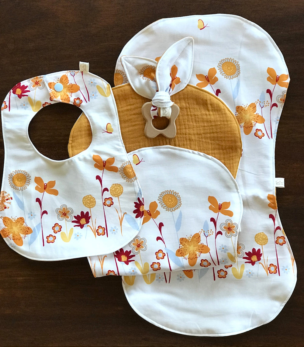 Baby Bib, 2 Burp Cloth and Teether Gift Set - 10 Flowers by Harmony Arts Organic Cotton