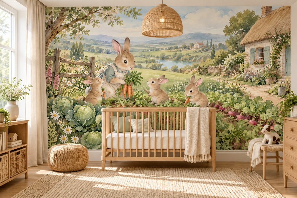 Watercolor Bunny Garden Farm Wall Mural, image 1