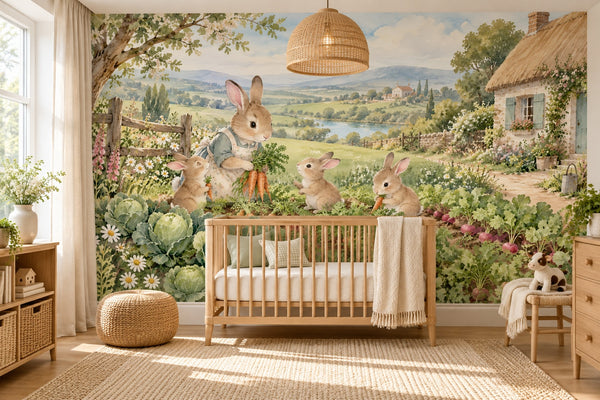 Watercolor Bunny Garden Farm Wall Mural, image 1