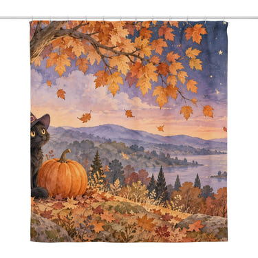 Black Cat Halloween shower curtain, full front view of the 71 x 74 in fabric curtain