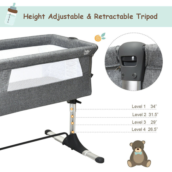 Portable baby bed side sleeper bassinet crib with carrying bag, perfect for travel and safe sleep. Angle 5 view.