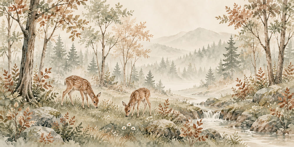 Watercolor Grazing Fawns Wall Mural, image 1