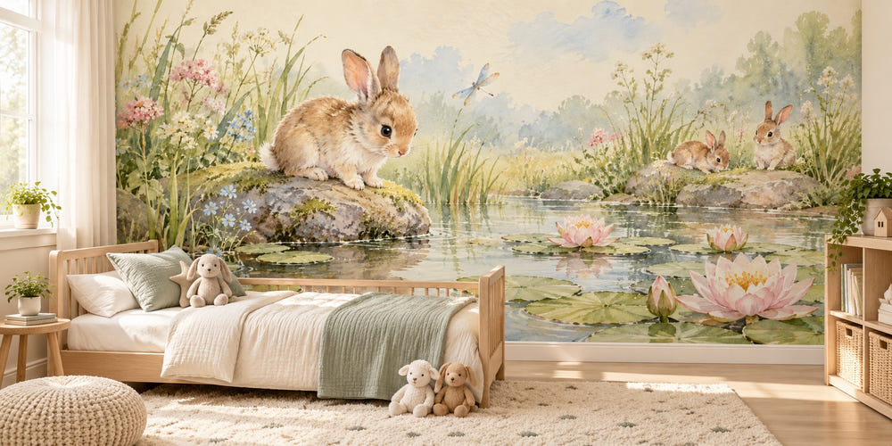 Watercolor Quiet Garden Pond Bunny Wall Mural, image 1