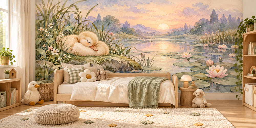 Watercolor Pond Duckling Wall Mural, image 1