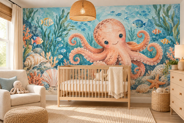 Watercolor Friendly Octopus Ocean Wall Mural, image 1