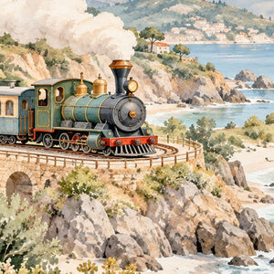 Coastal Train shower curtain, close up of the watercolor artwork