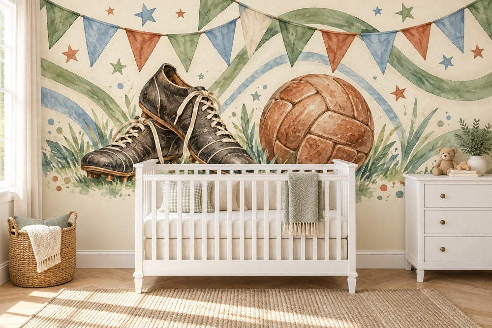 Watercolor Vintage Soccer Gear Wall Mural, image 1